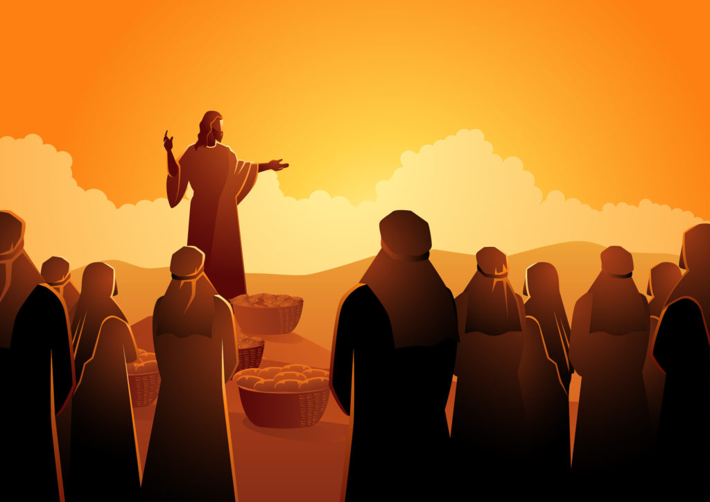 An illustration displaying Jesus Christ feeding onlookers