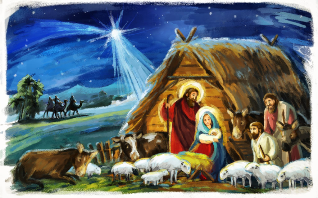 traditional christmas scene with holy family for different usage